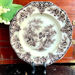 Antique James Edwards Mulberry Bochara Black Transferware Luncheon Plate - Hairline crack
