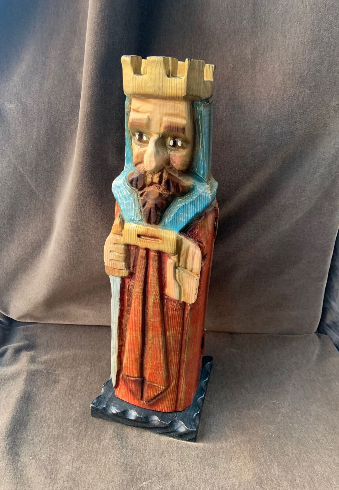 Vintage Hand Carved and Painted Wooden Hidden King Arthur Wine Bottle