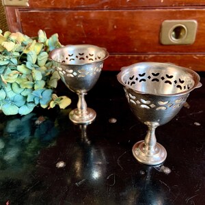 Set of 2 Vintage Metal Decorative Egg Cups with Reticulated Scalloped Rim