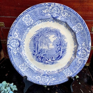 Antique E. Challinor &quot;Panama&quot; Blue Transferware Dinner Plate (c. 1842-1867)/Condition Issues