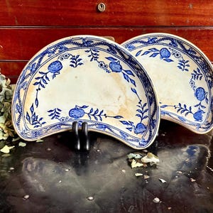 May include: Two antique, semi-circular plates with a cream-colored base and blue floral and leaf designs. The plates are displayed on a dark surface, showcasing their intricate patterns and vintage charm. The plates are supported by a black stand.