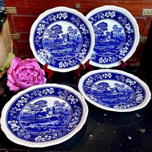Set of 4 Copeland Spode Blue and White Transferware Tower Salad Plates/Condition Issues