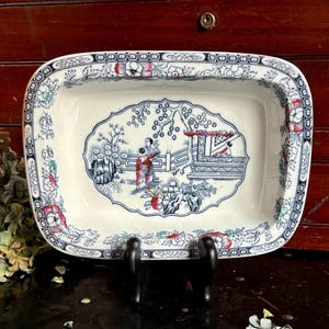 May include: Rectangular ceramic serving dish with a blue and white Asian-inspired design. The dish features a central scene with figures and a border with floral and geometric patterns. It is displayed on a black stand.
