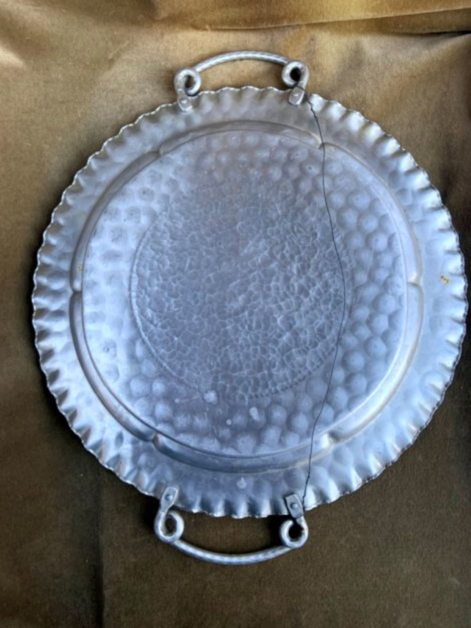 Vintage Round Hammered Aluminum Tray With Handles Etsy