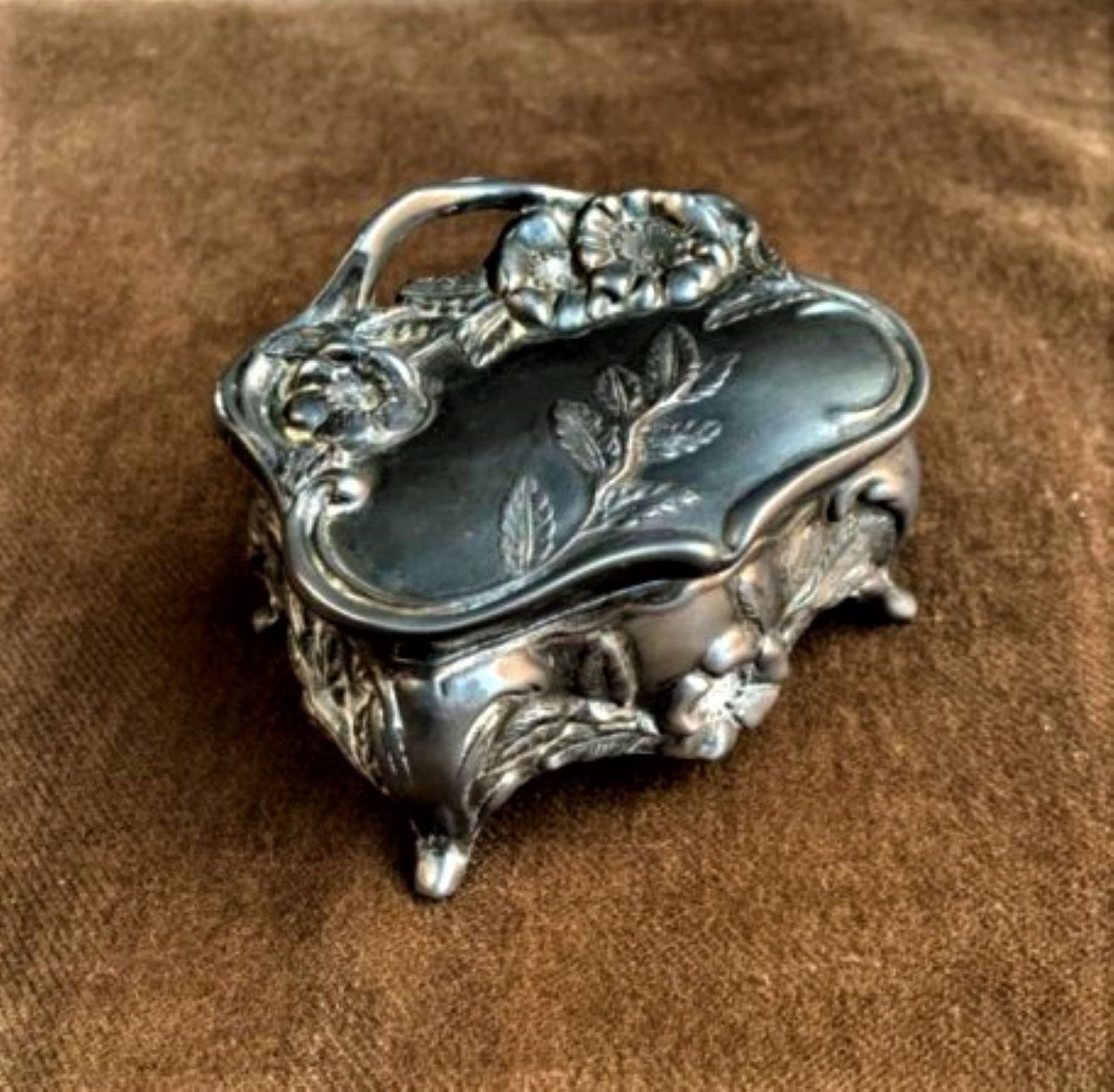 Antique Vintage Art Nouveau Jewelry Box, Casket- Footed, Hinged Lid // 4.5 x 3.25 x 3.5