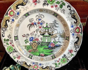 Antique Creil et Montereau Lebeuf Milliet Polychrome Transferware Chinoiserie 13.25” Plate