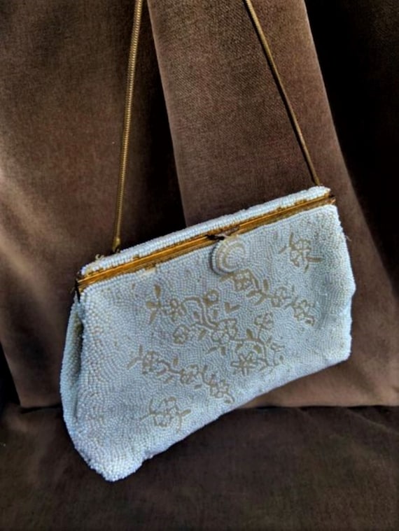 Vintage Beige Evening Beaded Bag Made in France 