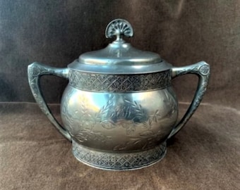 Antique Aurora SP Mfg Co Silver Plate Floral Engraved Sugar Bowl