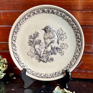 May include: A beige ceramic decorative plate featuring a detailed relief of a bird perched on a branch with leaves. The plate has a textured border with a repeating leaf pattern. The bird is depicted in shades of gray and brown.