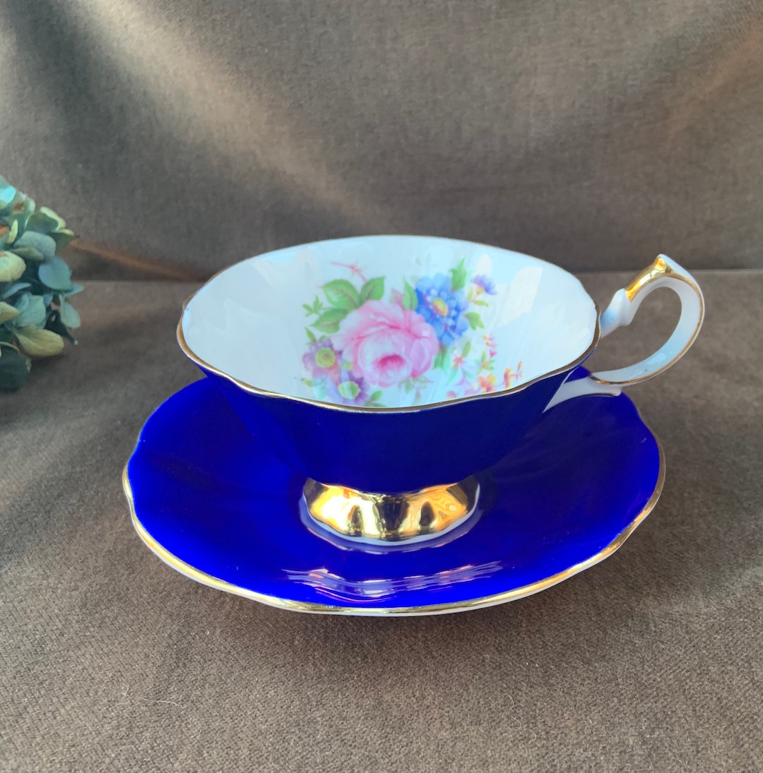 Vintage Queen Anne Bone China Royal Blue Teacup and Saucer Set Etsy