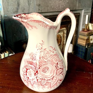 Antique Sarreguemines U&C “Jardiniere” Pink Transferware Large Ironstone Water Pitcher