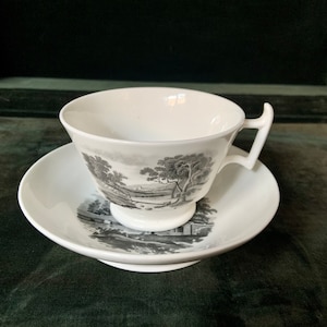 Vintage Black Transferware Teacup and Saucer Set