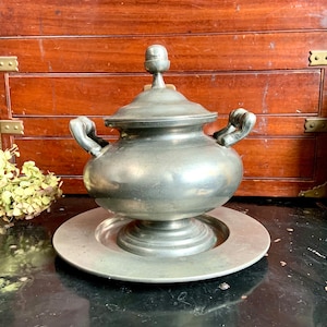 Pewter Soup Tureen/Covered Bowl With Handles and Underplate Made in France c. 1920s