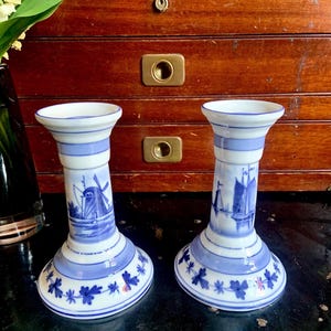 Set of 2 Blue and White Delft Style Ceramic Candleholders Made in Germany