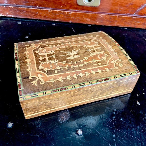 Vintage Inlaid Wooden Jewelry Box with Hinged Lid