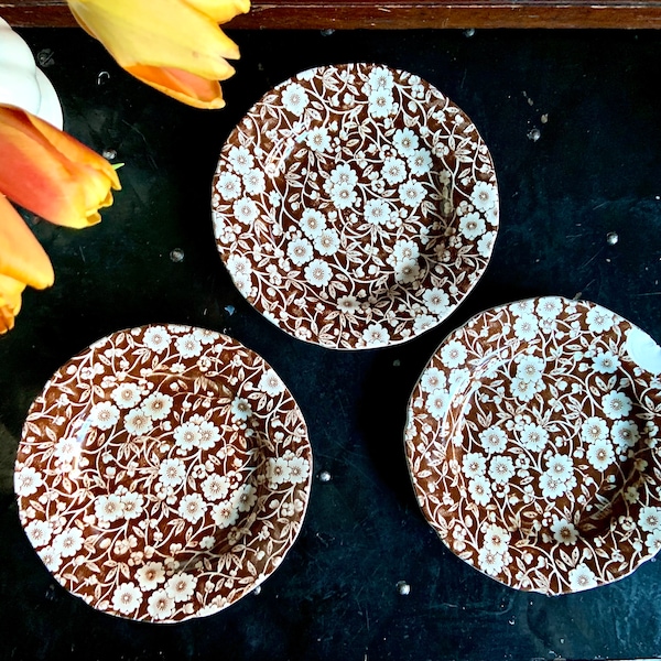 Set of 3 Vintage Crownford China Co. Staffordshire Brown Calico Dessert Plates - Chipped