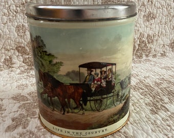 Vintage Decorware Round Tin with a Copy of Currier & Ives Print "Life in the Country - the Morning Ride"