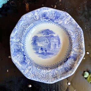Rare Antique Barrow & Co. “Doria” Blue Transferware Small Rimmed Bowl (c. 1853-1856)