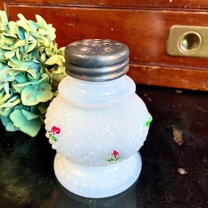 Victorian Milk Glass Salt Shaker with Embossed Design and Painted Flowers 3.5”H