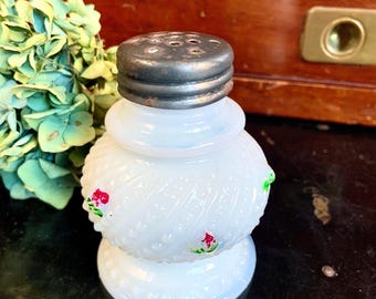Victorian Milk Glass Salt Shaker with Embossed Design and Painted Flowers 3.5”H