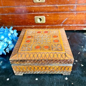Vintage Folk Art Square Hand Carved Wood Box with Hinged Lid Made in Poland