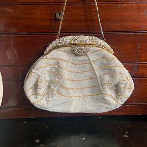 Vintage Cream Beaded Evening Bag Made in France - missing beads