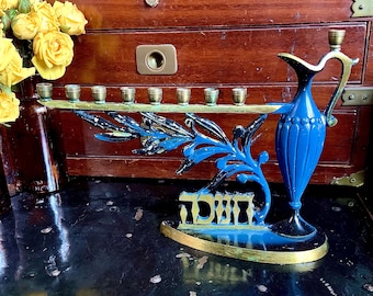 Vintage Brass and Blue Enamel Olive Oil Jug Hanukkah Menorah