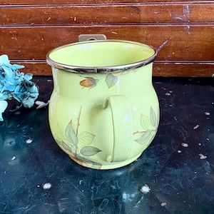 May include: A light green enamelware pitcher with a silver rim and handle. The pitcher is decorated with a floral pattern of roses and leaves in shades of brown and green. The pitcher is a vintage style.
