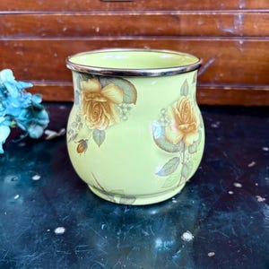 May include: A light green enamel mug with a gold rim and floral rose design. The roses are yellow and tan with green leaves. The mug has a rounded shape and is set against a dark background.