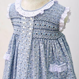 Light Blue Cotton Smocked Dress for Girls 12M-8Y | Hand Embroidered Pretty Dress | Special Occasion Toddler Dress | Birthday Party Outfit