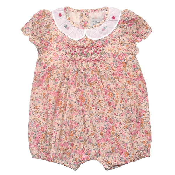 Pink and Cream Floral Smocked Bubble Bodysuit