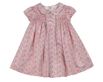 Little Girls' Hand Smocked in Orange Pink Floral Cotton Satin Dress