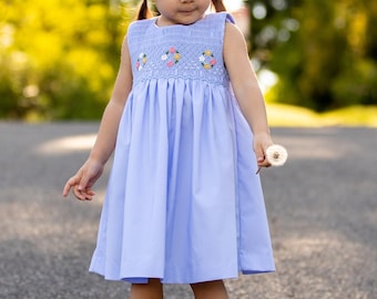 Blue Hand Smocked Girls Liberty Dress | Portrait Dress | Beach Wedding Dress | Twirl Dress | Spring Dress | Ruffle Dress | Summer Dress