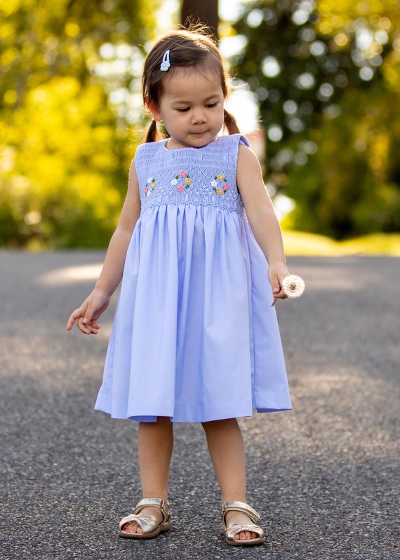 Blue Hand Smocked Liberty Girls Dress | Cotton Portrait Dress Blue Hand Smocked Liberty Girls Dress | Cotton Portrait Dress