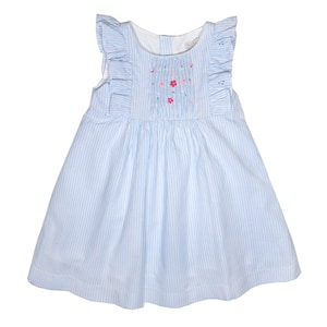 Little Girl&#39;s Angel Hand Smocked Dress in Cotton Seersucker Ruffle Sleeves Girl Dress