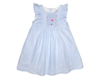 Little Girl's Angel Hand Smocked Dress in Cotton Seersucker Ruffle Sleeves Girl Dress