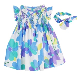 Toddler Baby Girls Soft Floral Casual Hand Smocked Princess Dress with Headband Set