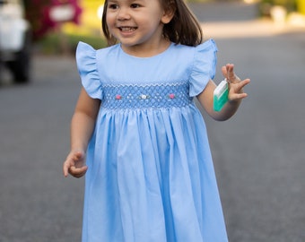 Blue Cotton Smocked A-Line Dress - Infant, Toddler & Girls