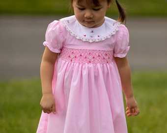 Pink Hand Smocked Girls Liberty Dress |  Portrait Dress | Beach Wedding Dress | Twirl Dress | Spring Dress | Ruffle Dress | Summer Dress