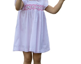 Little Girls' Seersucker Hand Smocked Dress - 100% Cotton