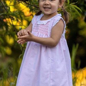 Little Toddler Girl's Hand Smocked Dress in Cotton Seersucker - Baby Princess Dress for Easter