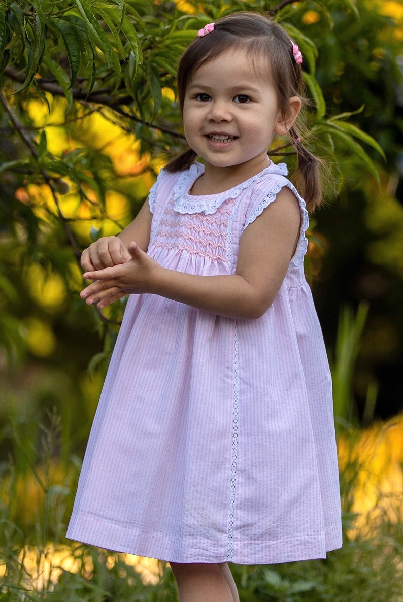 Little Toddler Girl's Hand Smocked Dress in Cotton Seersucker Baby Princess Dress for Easter image 1