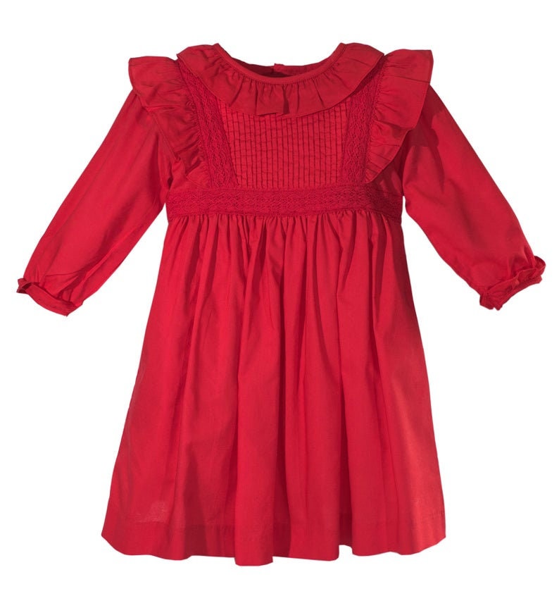 May include: A red long-sleeved dress with a ruffled collar and a gathered skirt.