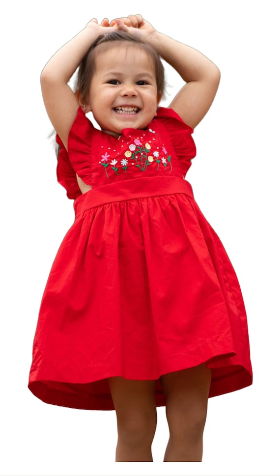 red dress with embroidered flowers Red Multi Embroidered Flower Short Puff Sleeve Dress main image 0