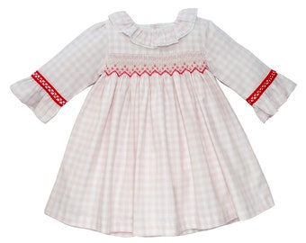 Pink & White Gingham Ruffle- Sleeve Dress Hand Smocked Dress with Cotton Lace