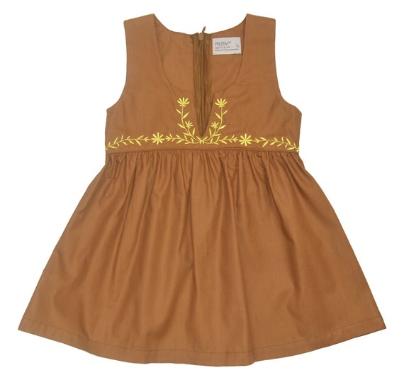 Light Brown & Yellow Floral Embroidered Sleeveless Dress - Infant, Toddler and Girls