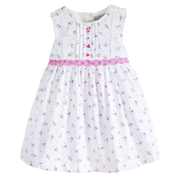Girls Embroidered Smocked Dress Floral Cornflower Blue & Cream