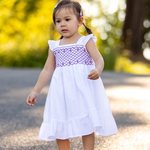 Girls pinafore, girls white dress, white girls flower dress, portrait dress, beach wedding dress, twirl dress.