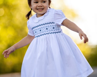 White Hand Smocked Girls Liberty Dress |  Portrait Dress | Beach Wedding Dress | Twirl Dress | Spring Dress | Ruffle Dress | Summer Dress