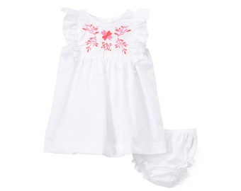 White Angel-Sleeve Dress & Diaper Cover Set, Hand Embroidery Flower Sundress
